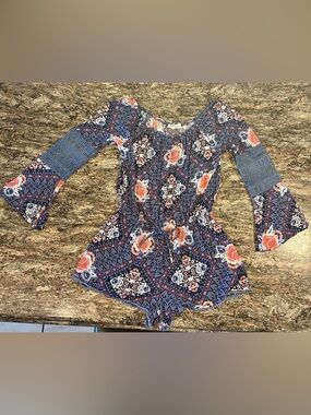 Wallflower Navy and Coral Floral Print Peplum Tunic Romper